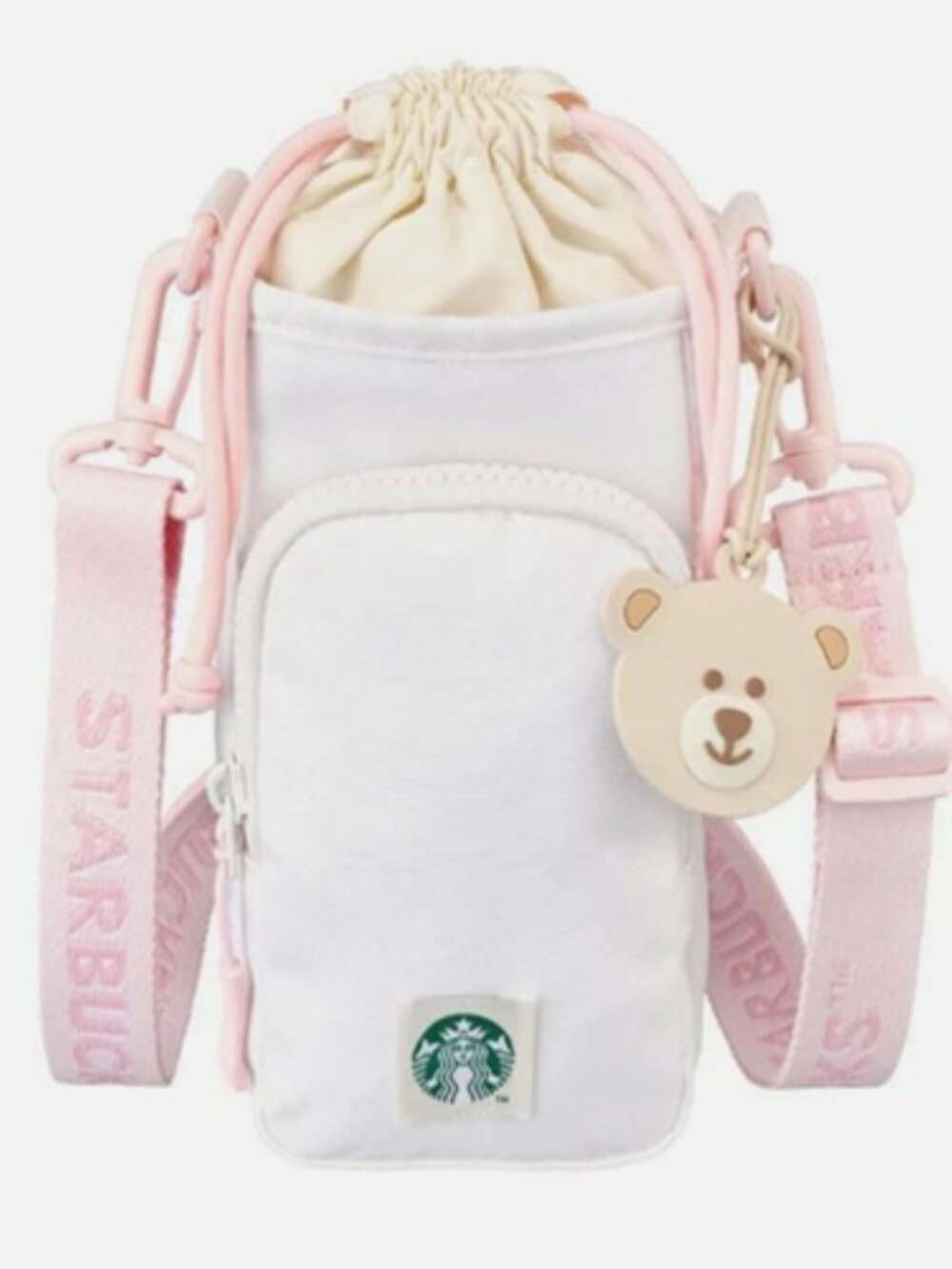 Starbucks White and Pink Crossbody Drawstring Phone Bag with Bear Charm